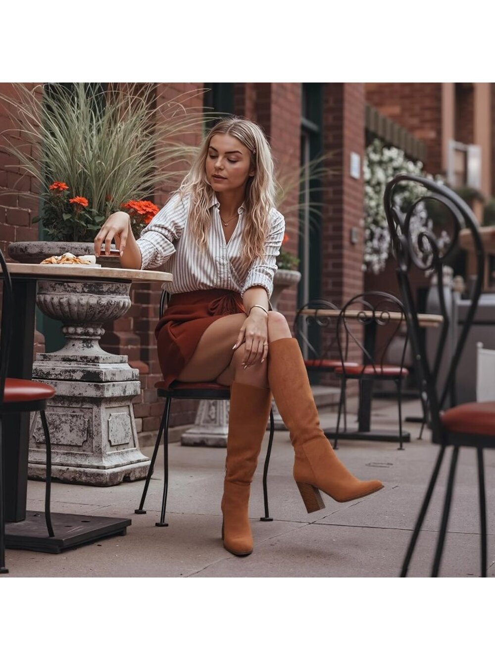 Women's Brown Comfortable Chunky High Heel Round Toe Side Zipper Knee High Boots - Picture 6 of 6